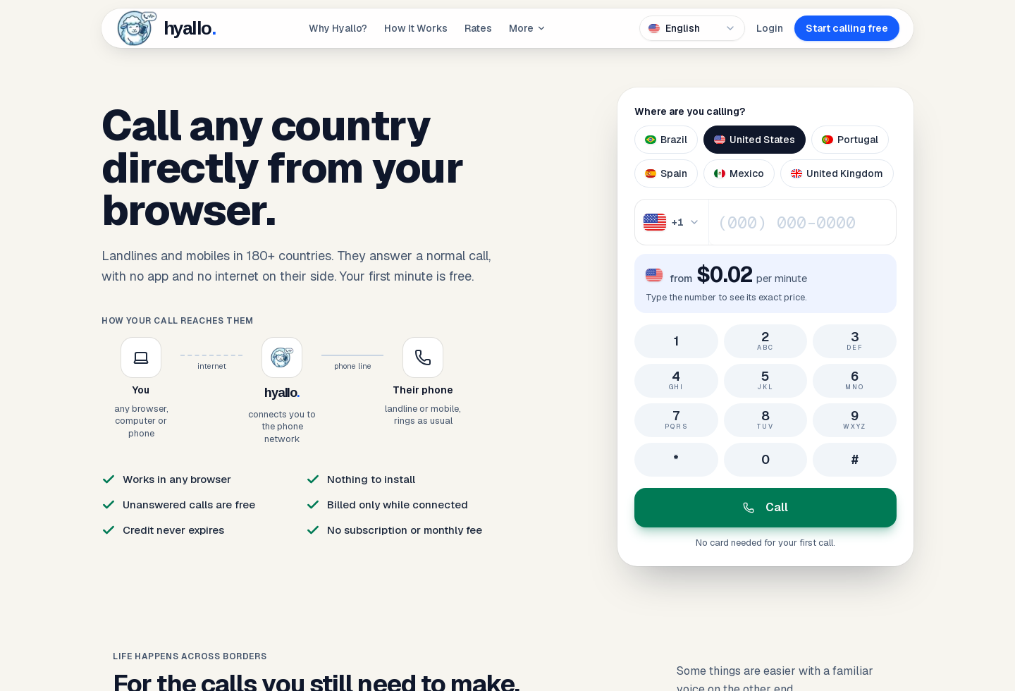 Hyallo homepage with its international calling dialer and destination pricing