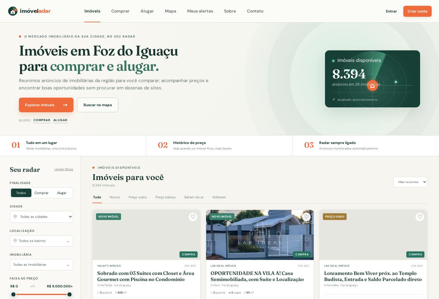 Imóvel Radar’s property search homepage for buying and renting in Foz do Iguaçu