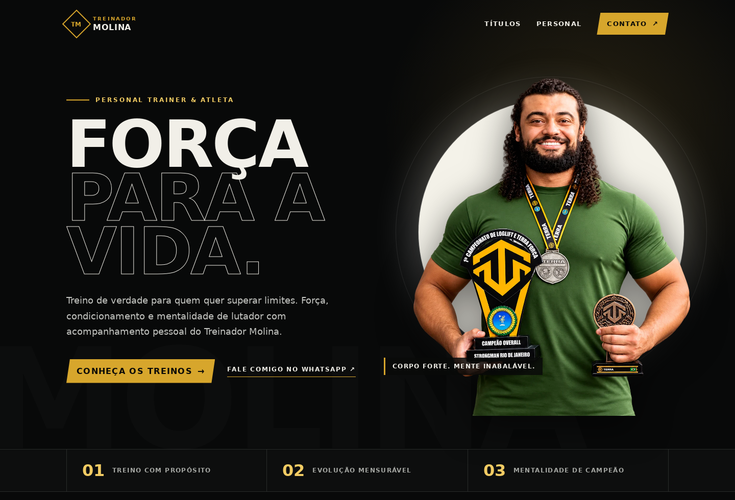 Treinador Molina’s website featuring the athlete, training services, and a gold and black visual identity